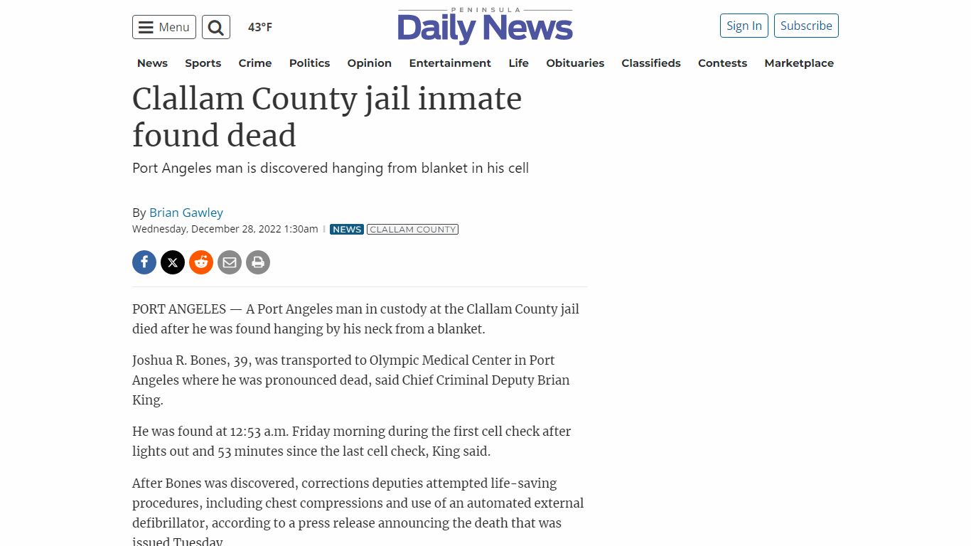 Clallam County jail inmate found dead | Peninsula Daily News